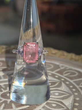 Pink Emerald-Cut Center Ring with Side Accent Stones
